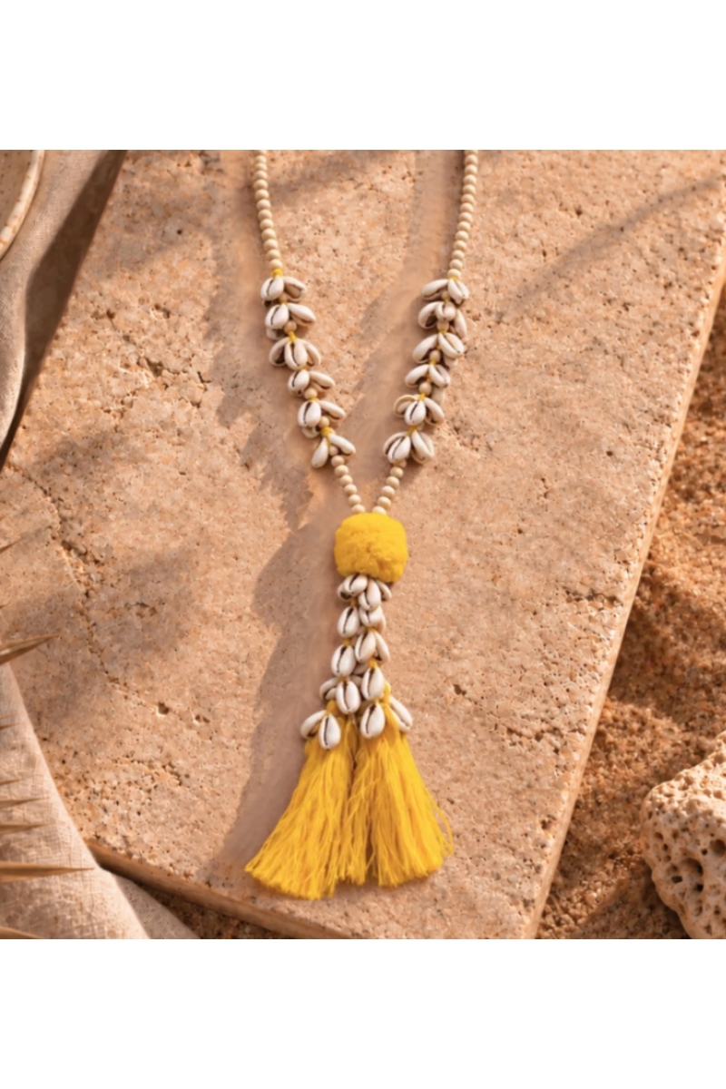 Cord Cowrie Shell Necklace, Yellow | Miss June Paris