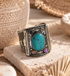 Manchette argentée Sphinx à cabochon aqua | Miss June Paris