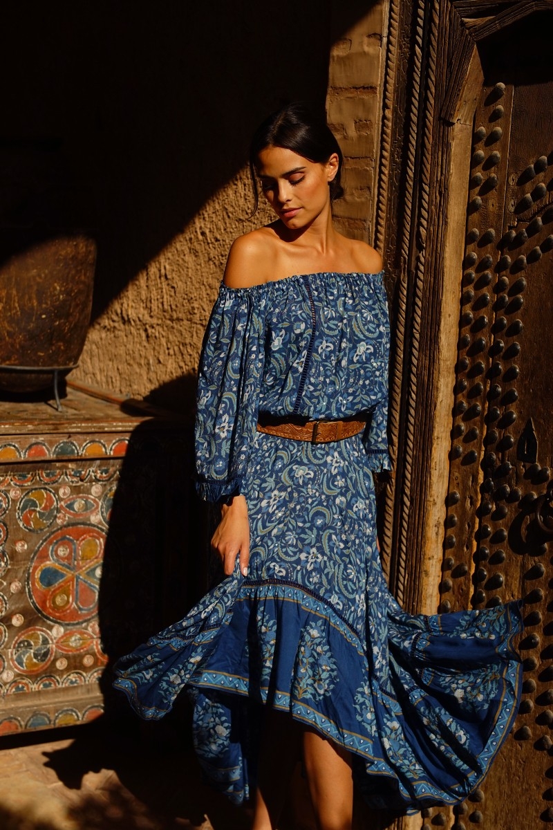 Jupe Longue Sky - bleu marine - motif fleuri - asymetrique - style boho - Miss June Paris - 2