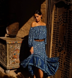 Jupe Longue Sky - bleu marine - motif fleuri - asymetrique - style boho - Miss June Paris - 2