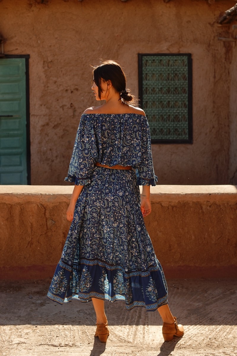 Sky Long Skirt – Navy Blue – Floral Pattern – Asymmetrical – Boho Style – Miss June Paris – 4