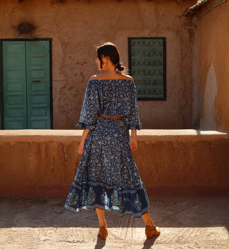 Jupe Longue Sky - bleu marine - motif fleuri - asymetrique - style boho - Miss June Paris - 4