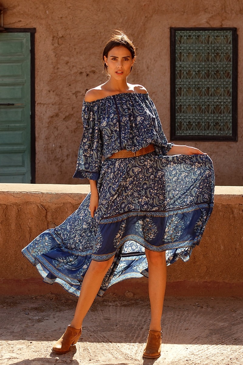 Jupe Longue Sky - bleu marine - motif fleuri - asymetrique - style boho - Miss June Paris - 1