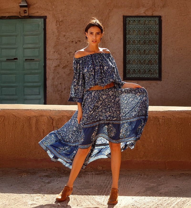 Jupe Longue Sky - bleu marine - motif fleuri - asymetrique - style boho - Miss June Paris - 1