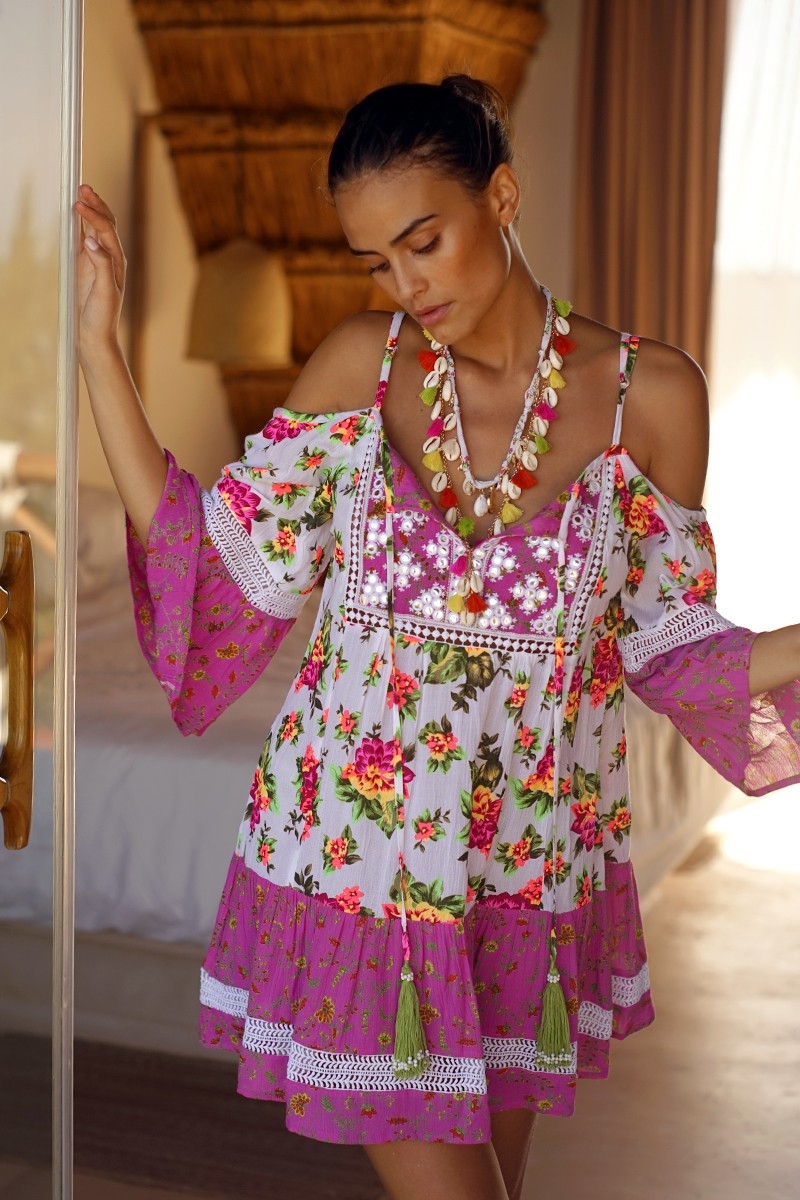 Robe Courte Tropical - imprimé fleuri - manche longue bohème - Miss June Paris - 2