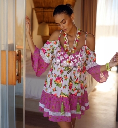 Robe Courte Tropical - imprimé fleuri - manche longue bohème - Miss June Paris - 2