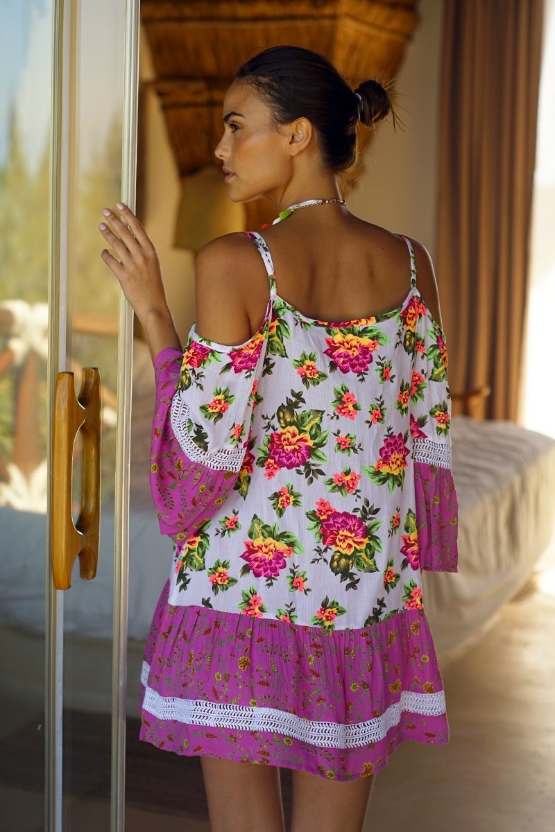 Robe Courte Tropical - imprimé fleuri - manche longue bohème - Miss June Paris - 3