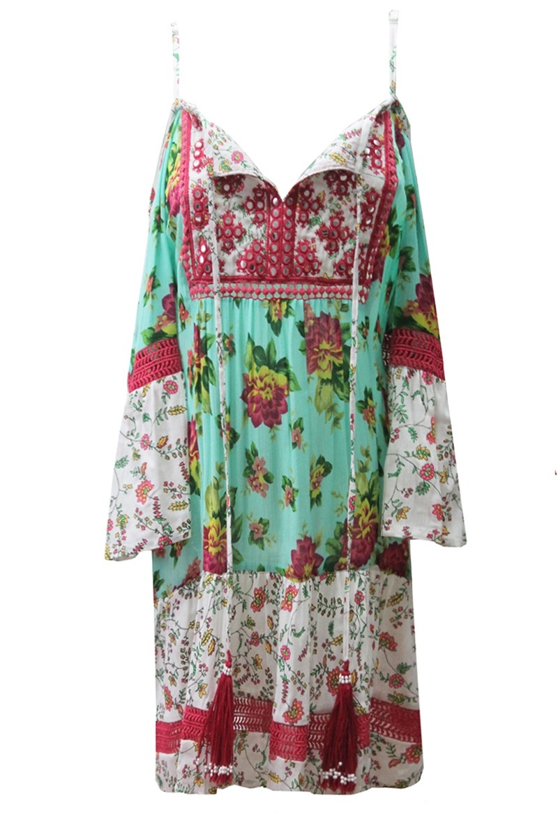Tropical Short Dress, Floral Print, Long Sleeve, Bohemian, Miss June Paris, 4