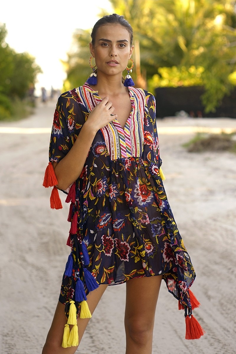 Coconut Short Caftan – Navy Blue – Multicolored Pompons – Light Fabric – Short Sleeve – Bohemian – Miss June Paris – 2
