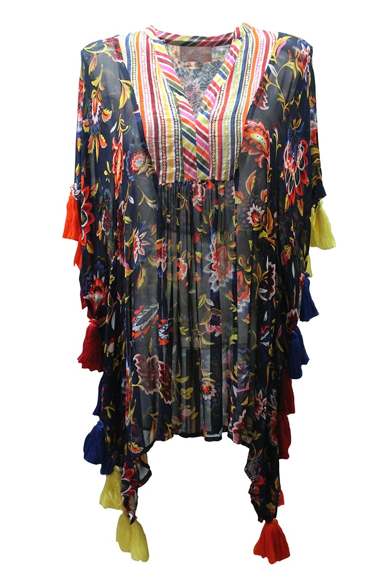 Caftan Court Coconut - bleu marine - popoms multicouleur - tissue legèr -manche courte -bohème - Miss June Paris - 4