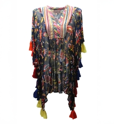 Caftan Court Coconut - bleu marine - popoms multicouleur - tissue legèr -manche courte -bohème - Miss June Paris - 4