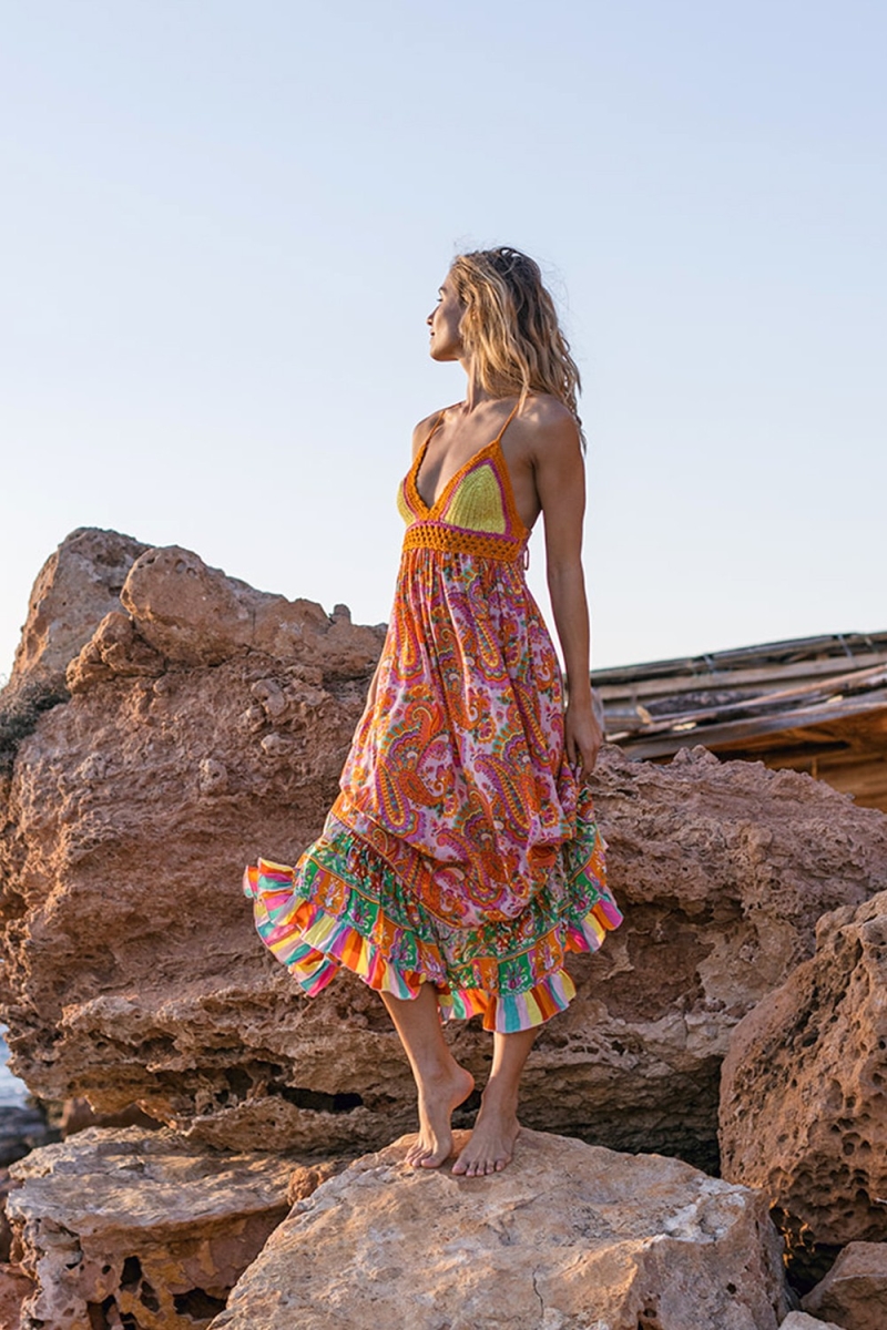 Long dress CHARM: orange/pink - V-neck - crochet top - thin straps - boho - Miss June Paris - 3