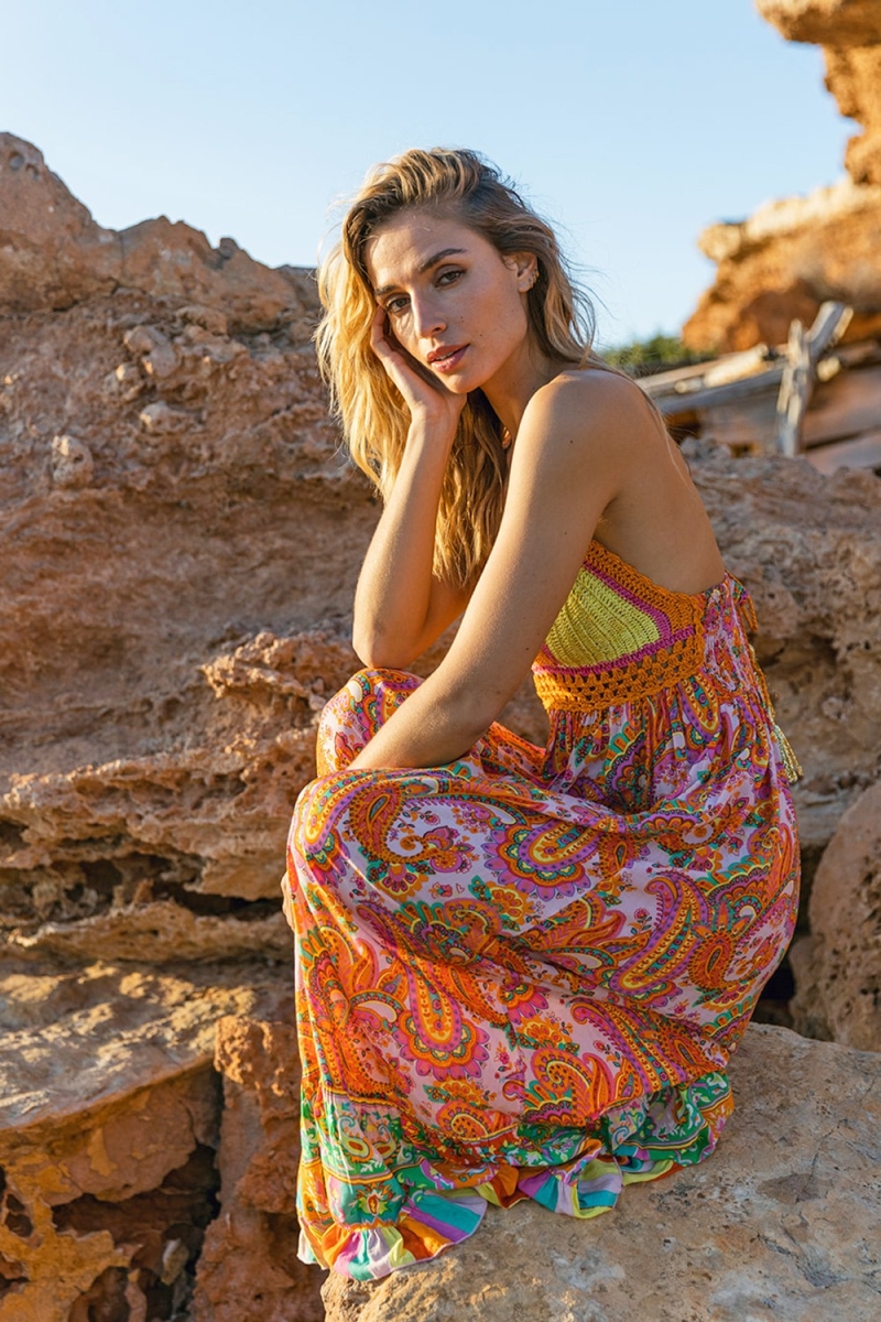 Vestido largo CHARM: naranja/rosa - escote en V - parte superior de crochet - tirantes finos - bohemio - Miss June Paris - 2