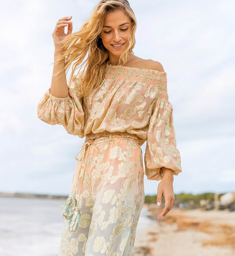 Pants BELLY: peach/aqua - gold decorated - boho - Miss June Paris - 2