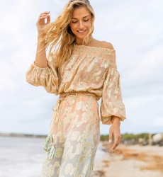 Pantalon BELLY : pêche/aqua - decoré doré - boheme  - Miss June Paris - 2