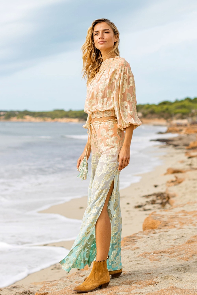 Pantalon BELLY : pêche/aqua - decoré doré - boheme  - Miss June Paris - 1