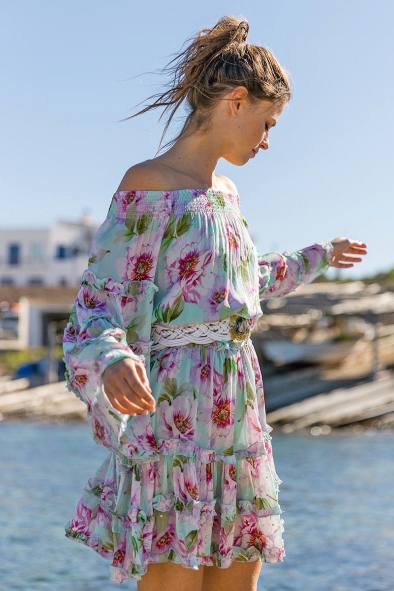 Fleur Short Dress – Long Sleeve – Off-Shoulder – Floral – Miss June Paris – 2
