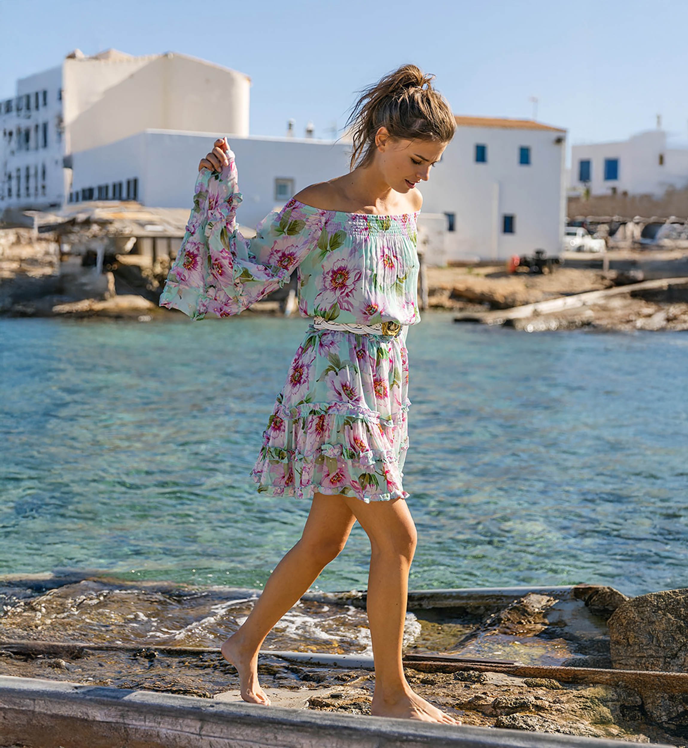 Fleur Short Dress – Long Sleeve – Off-Shoulder – Floral – Miss June Paris – 1