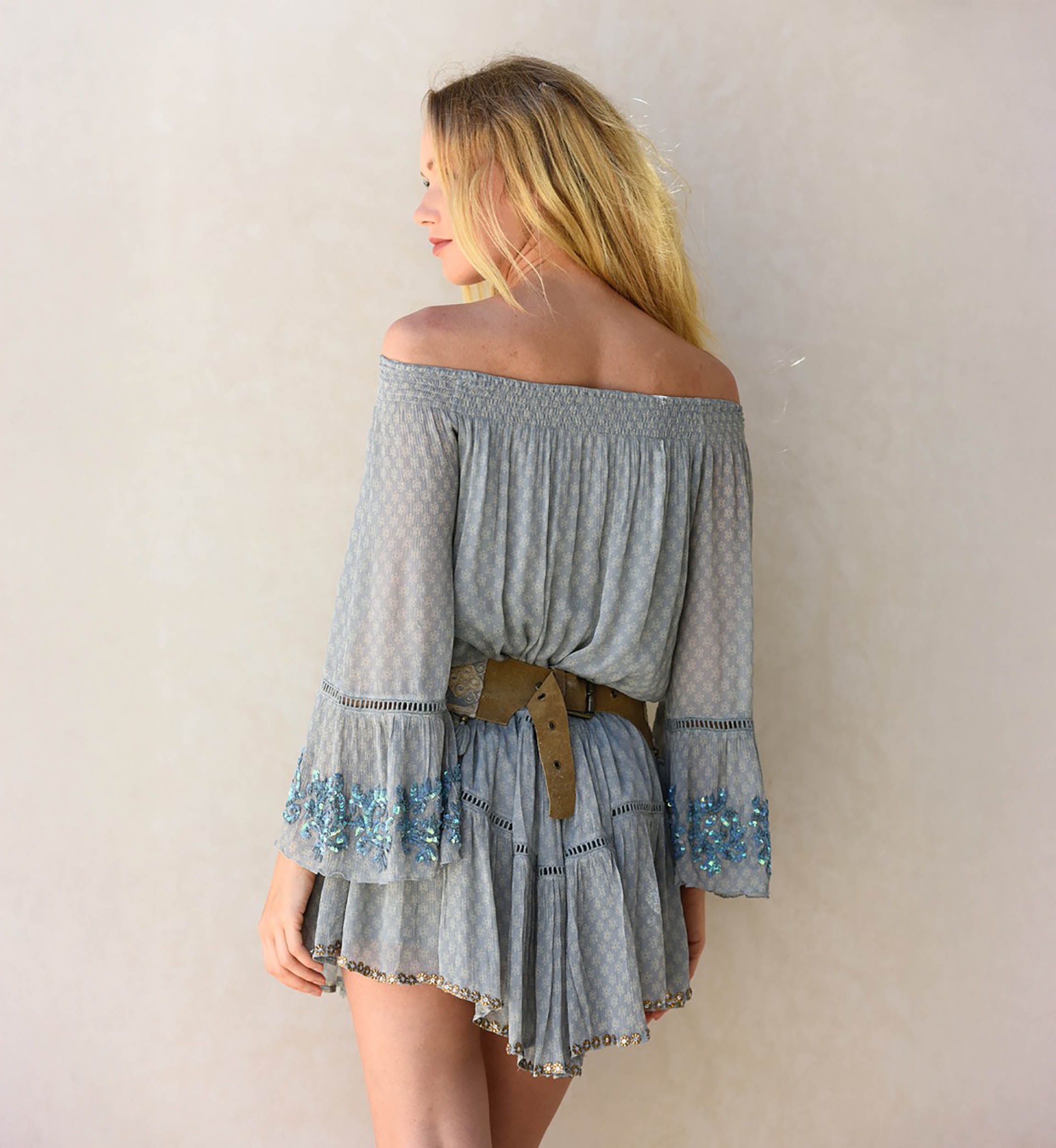 Palms Short Dress – Vintage Blue or Pastel – Long Sleeve – Bohemian Style – Miss June Paris – 3