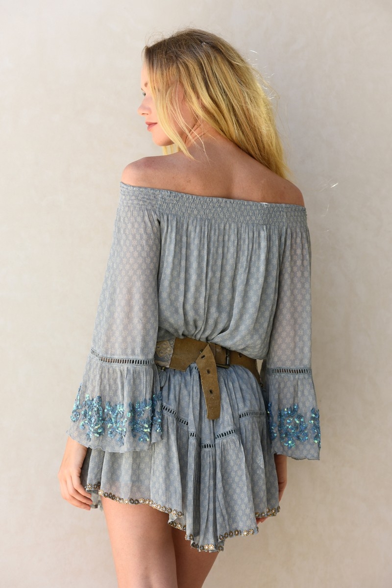Vestido Corto Palms – Azul vintage o pastel – Manga larga – Estilo bohemio – Miss June Paris – 3