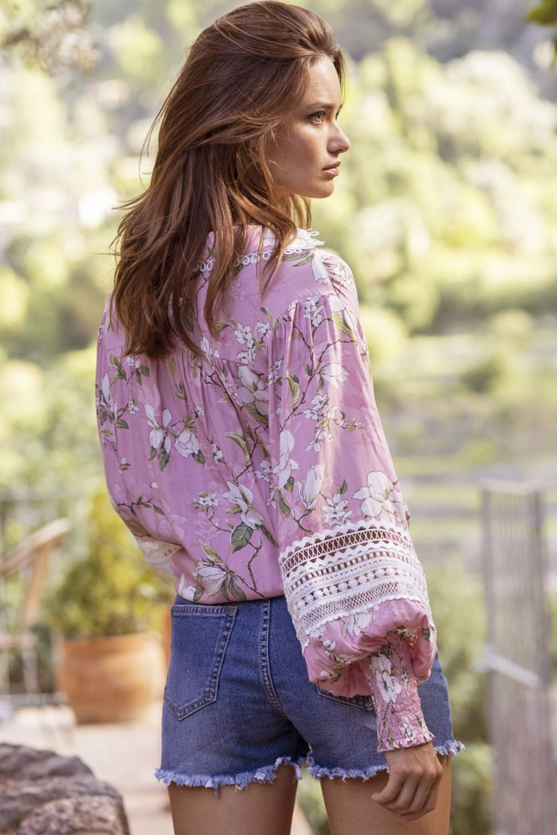 Chemise Tulla - rose - broderie blanche - imprimé floral - style boho - manches longues - Miss June Paris - 4