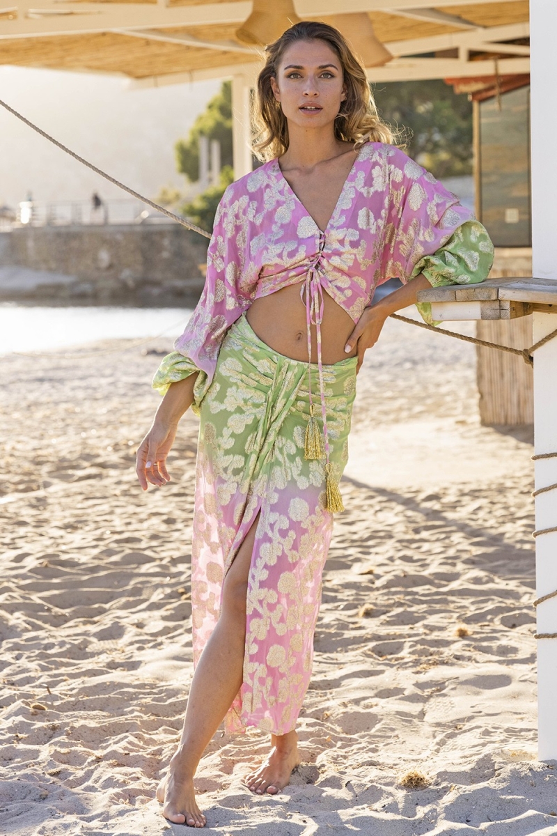 Jupe Mi Longue Shade - verte/dégradé rose - détails dorés - boho style - Miss June Paris - 1