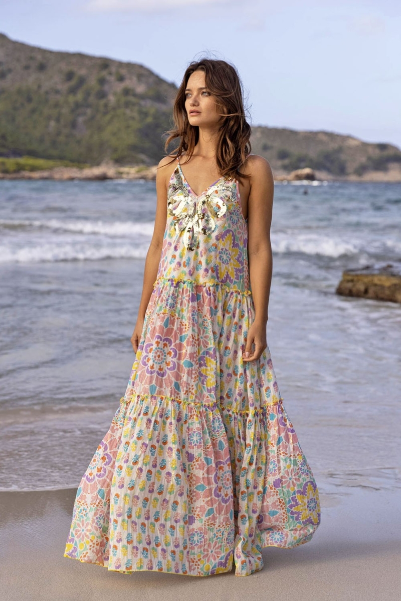 robe longue INNIKA: couleur pastel - plastron decoré - détails floraux - bretelles fines - Miss June Paris - 1