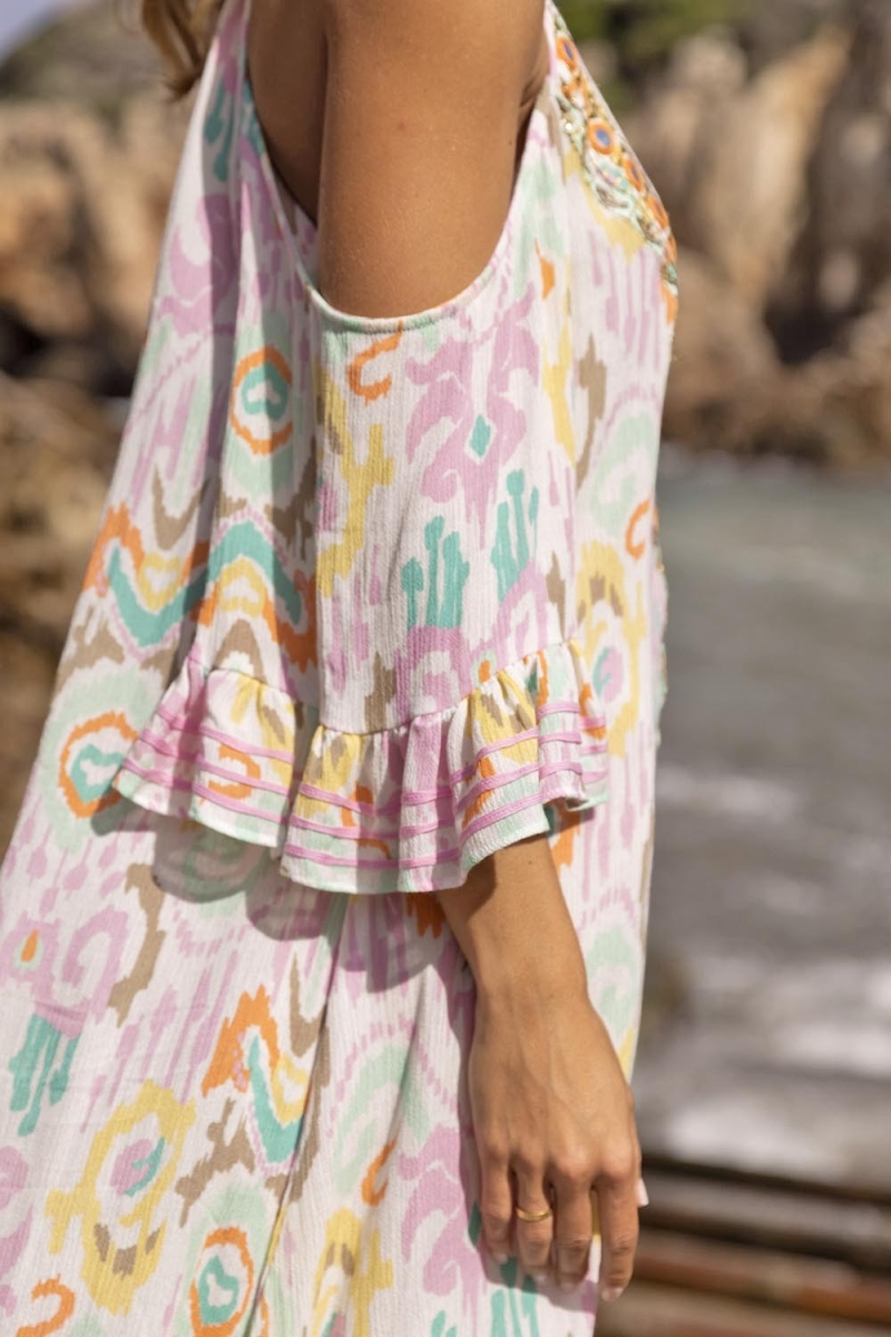 Vestido corto BIRDS: color pastel - pechera bordada - bohemio - Miss June Paris - 3