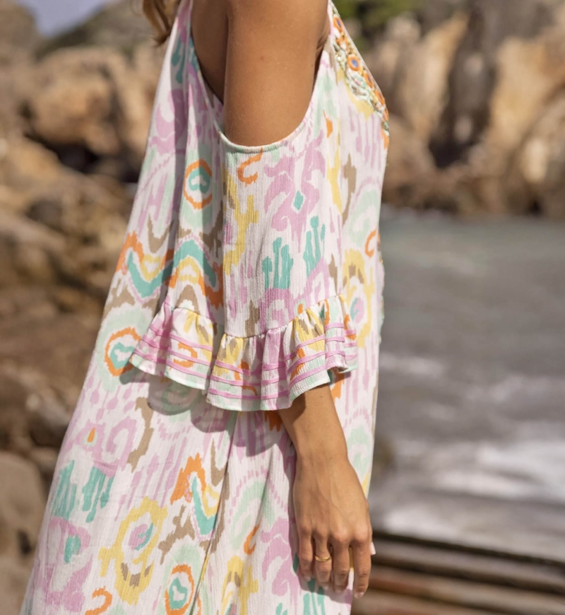 Vestido corto BIRDS: color pastel - pechera bordada - bohemio - Miss June Paris - 3