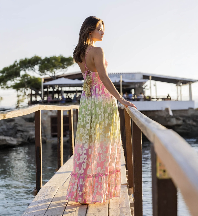 Marley Long Dress - Pink Gradient Green - Golden Details - Crochet Top - Miss June Paris - 4
