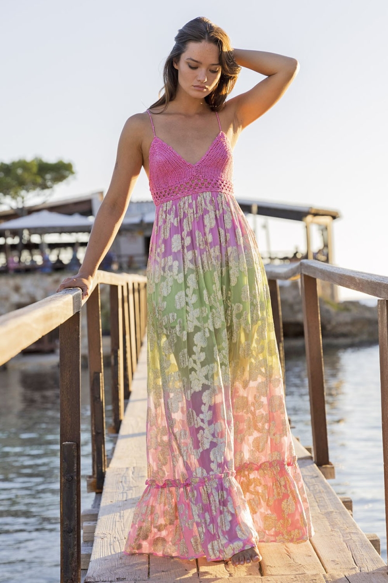 Marley Long Dress - Pink Gradient Green - Golden Details - Crochet Top - Miss June Paris - 1