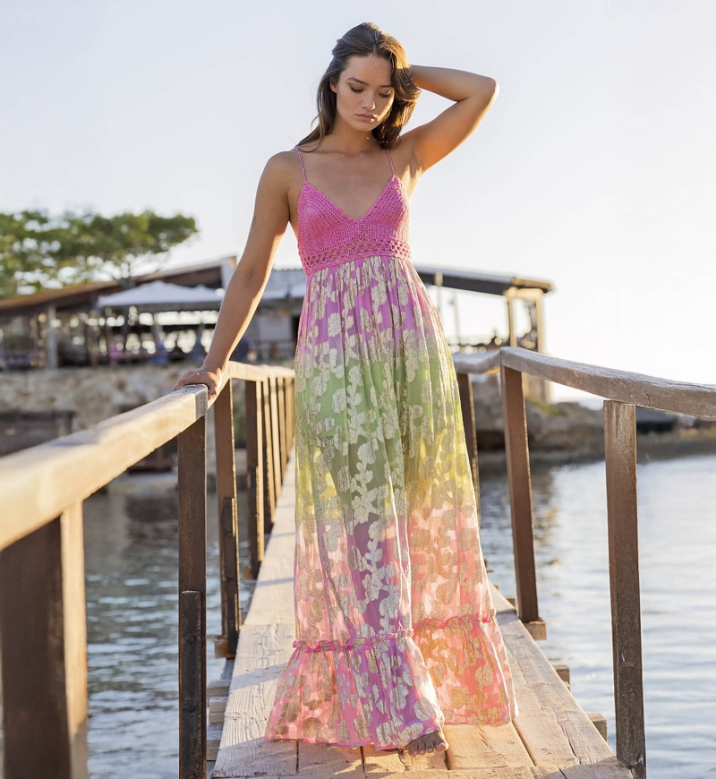 Marley Long Dress - Pink Gradient Green - Golden Details - Crochet Top - Miss June Paris - 1