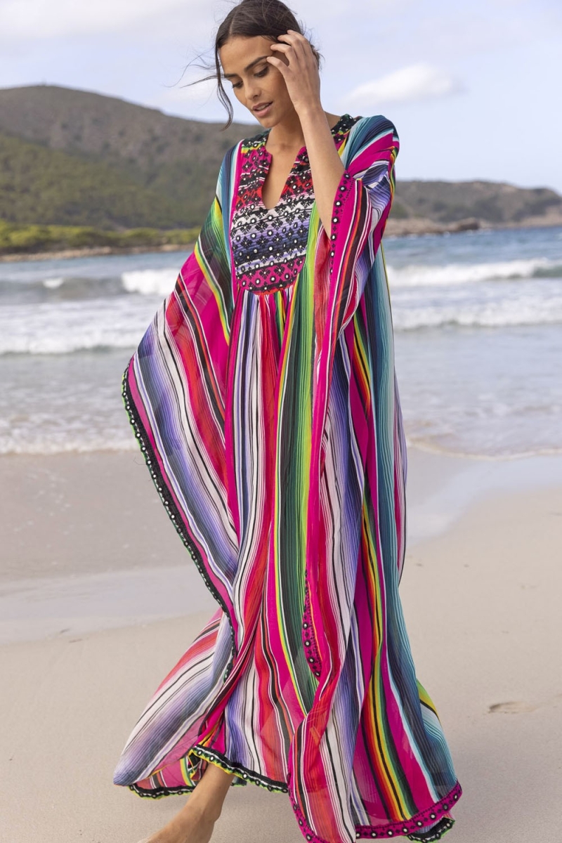 aftán Largo Waves - Rayas de Colores - Pechera Decorada - Mangas Largas - Miss June Paris - 2