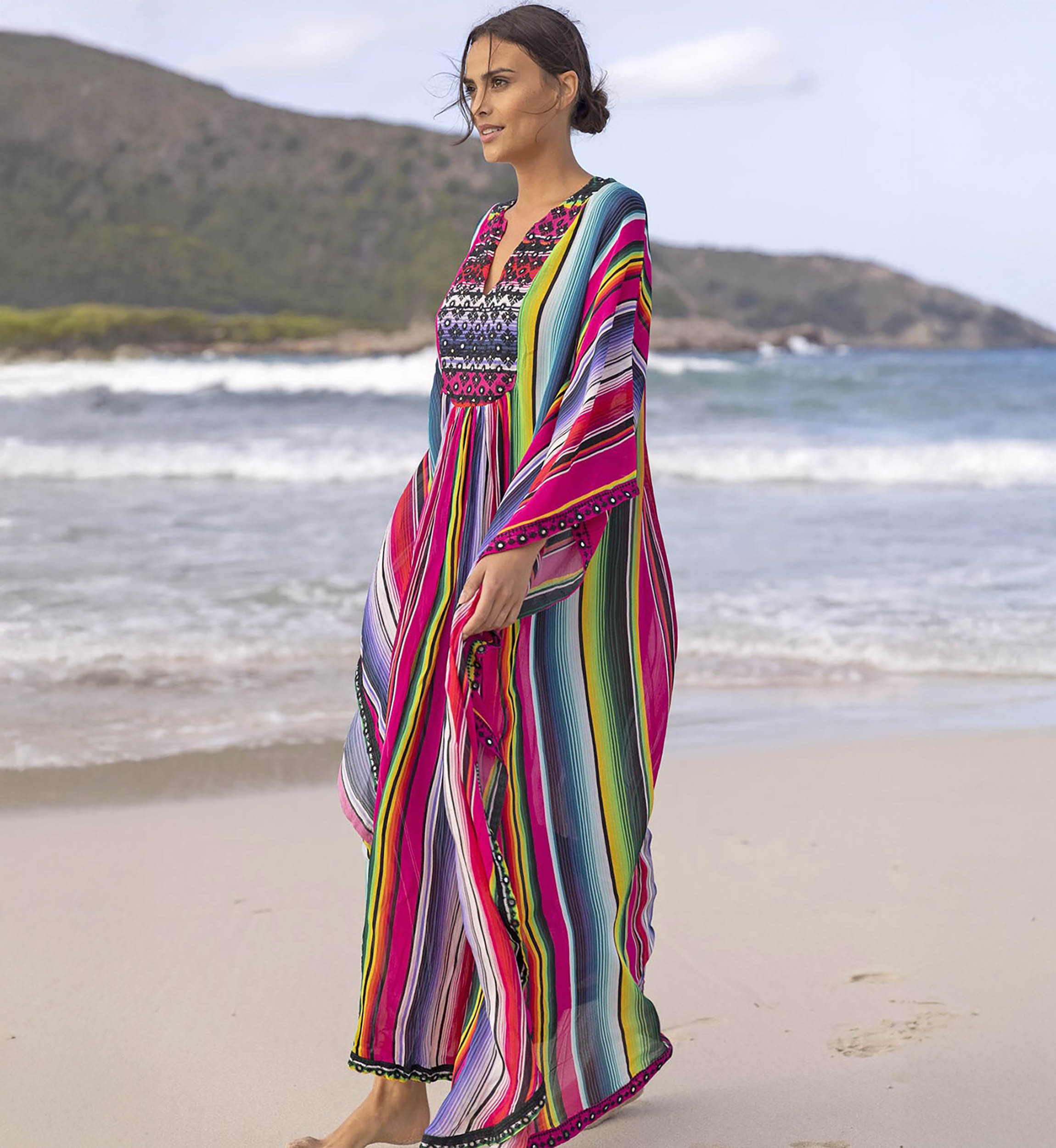Caftan Long Waves - rayures colorés - plastron décoré - manches longues -Miss June Paris - 1