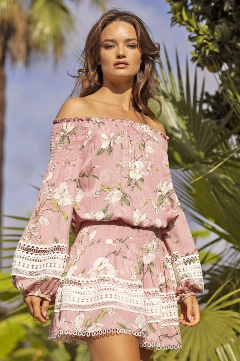 Blouse manches longues Gia - rose - imprimé fleuri - broderie blanche - style boho - Miss June Paris - 1