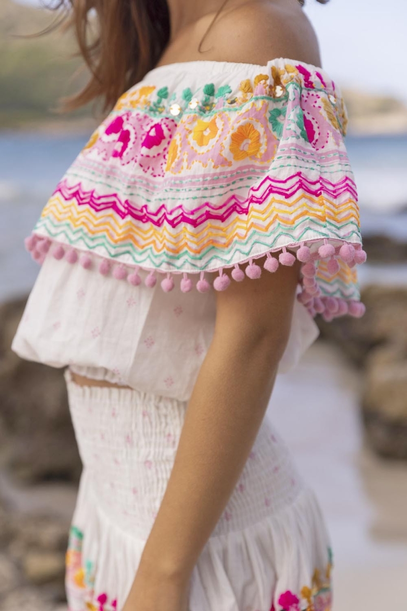 Zuma Off-Shoulder Top - White - Colorful Embroidery - Boho Chic Style - One Size XS/M - Miss June Paris - 2