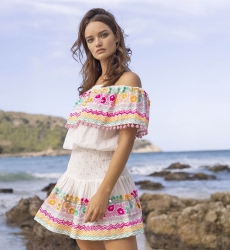 Falda Corta Miki - Blanco - Bordado Colorido - Estilo Boho Chic - Talla Única XS/M - Miss June Paris - 1