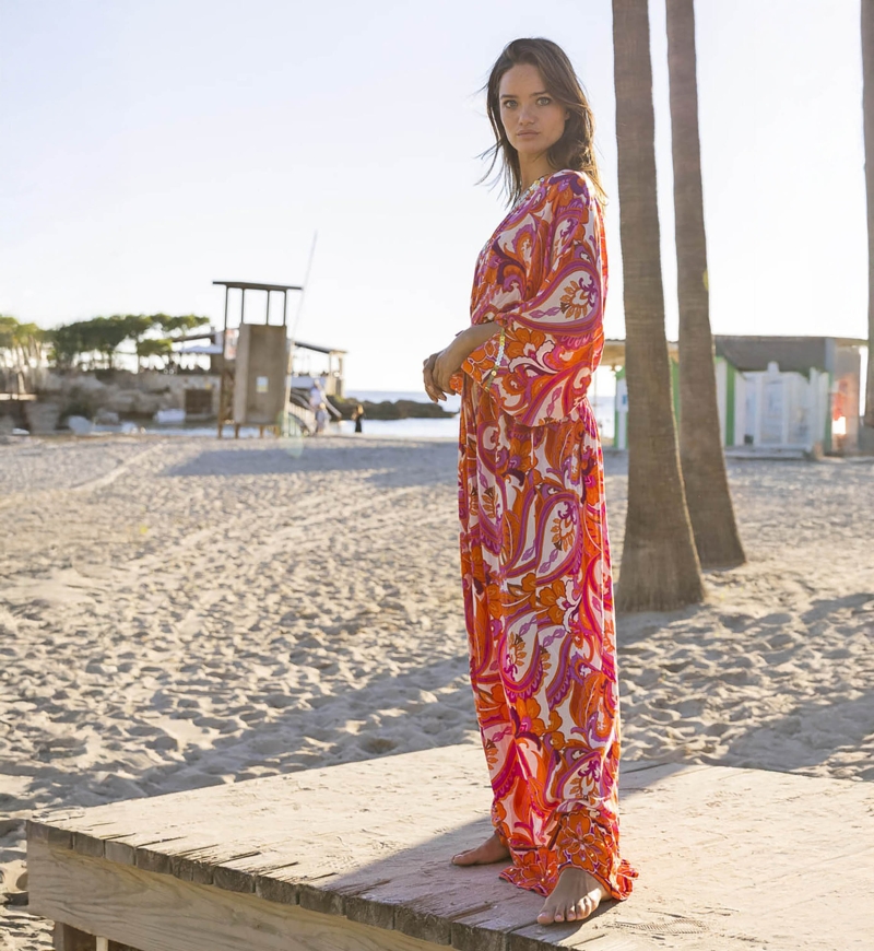 Emmy Long Dress - Pink/Orange - Paisley Print - Long Sleeves - With Sequins - Miss June Paris - 4