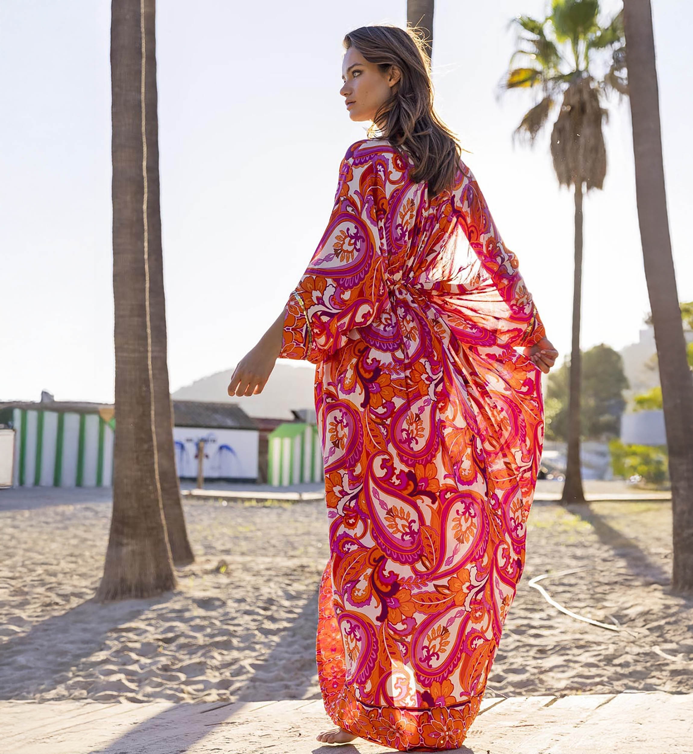 Emmy Long Dress - Pink/Orange - Paisley Print - Long Sleeves - With Sequins - Miss June Paris - 5