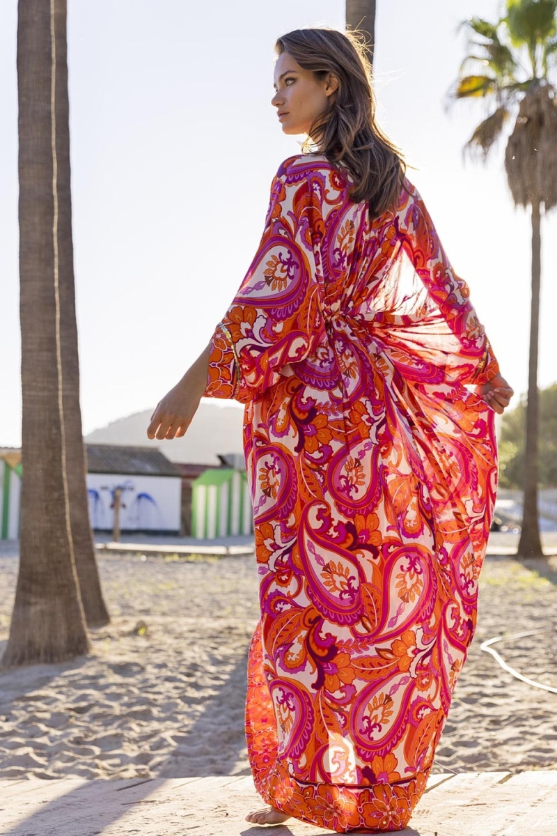 Robe Longue Emmy - rose/orange - imprimé cachemire - manches longues - avec sequins - Miss June Paris - 5