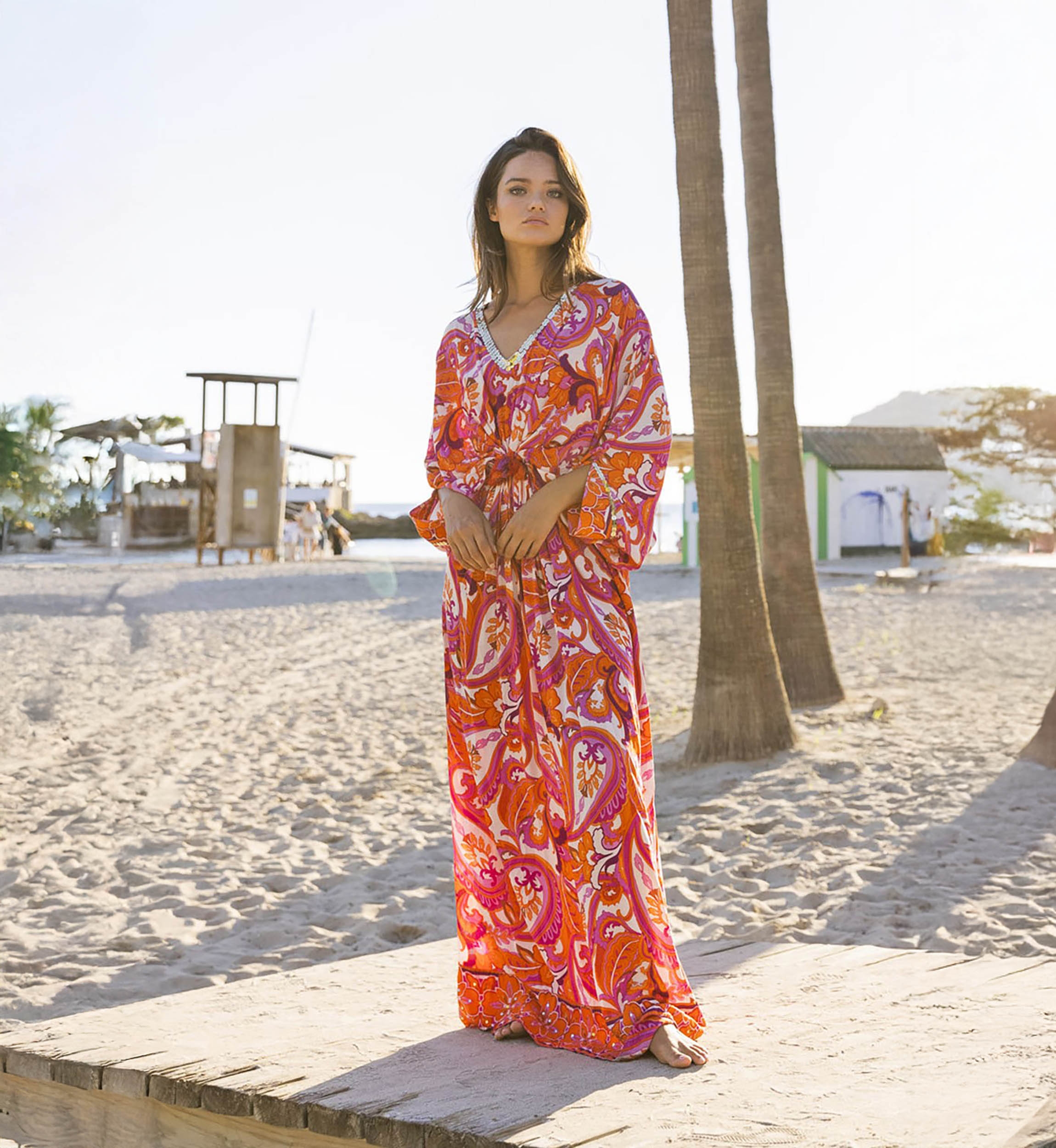 Robe Longue Emmy - rose/orange - imprimé cachemire - manches longues - avec sequins - Miss June Paris - 2