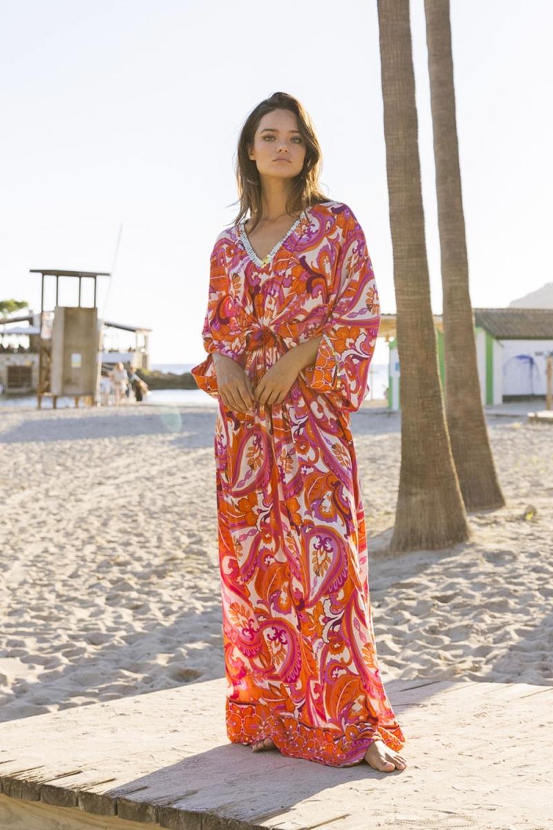 Vestido Largo Emmy - Rosa/Naranja - Estampado Cachemira - Mangas Largas - Con Lentejuelas - Miss June Paris - 2