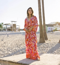 Emmy Long Dress - Pink/Orange - Paisley Print - Long Sleeves - With Sequins - Miss June Paris - 2