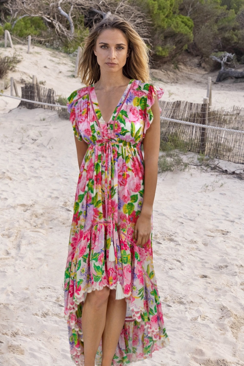 Vestido Largo Holy - Rosa - Estampado Floral - Mangas Cortas - Cuello V -  Cordón Ajustable - Boho - Miss June Paris - 1