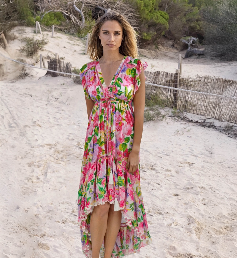 Holy Long Dress - Pink - Floral Print - Short Sleeves - V-Neck - Drawstring Waist - Boho - Miss June Paris - 1