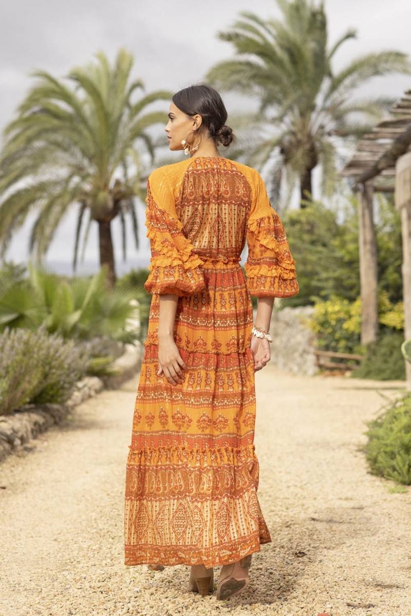 Safran Long Dress - Orange - Golden Details - Long Sleeves - V-Neckline - Boho - Miss June Paris - 4