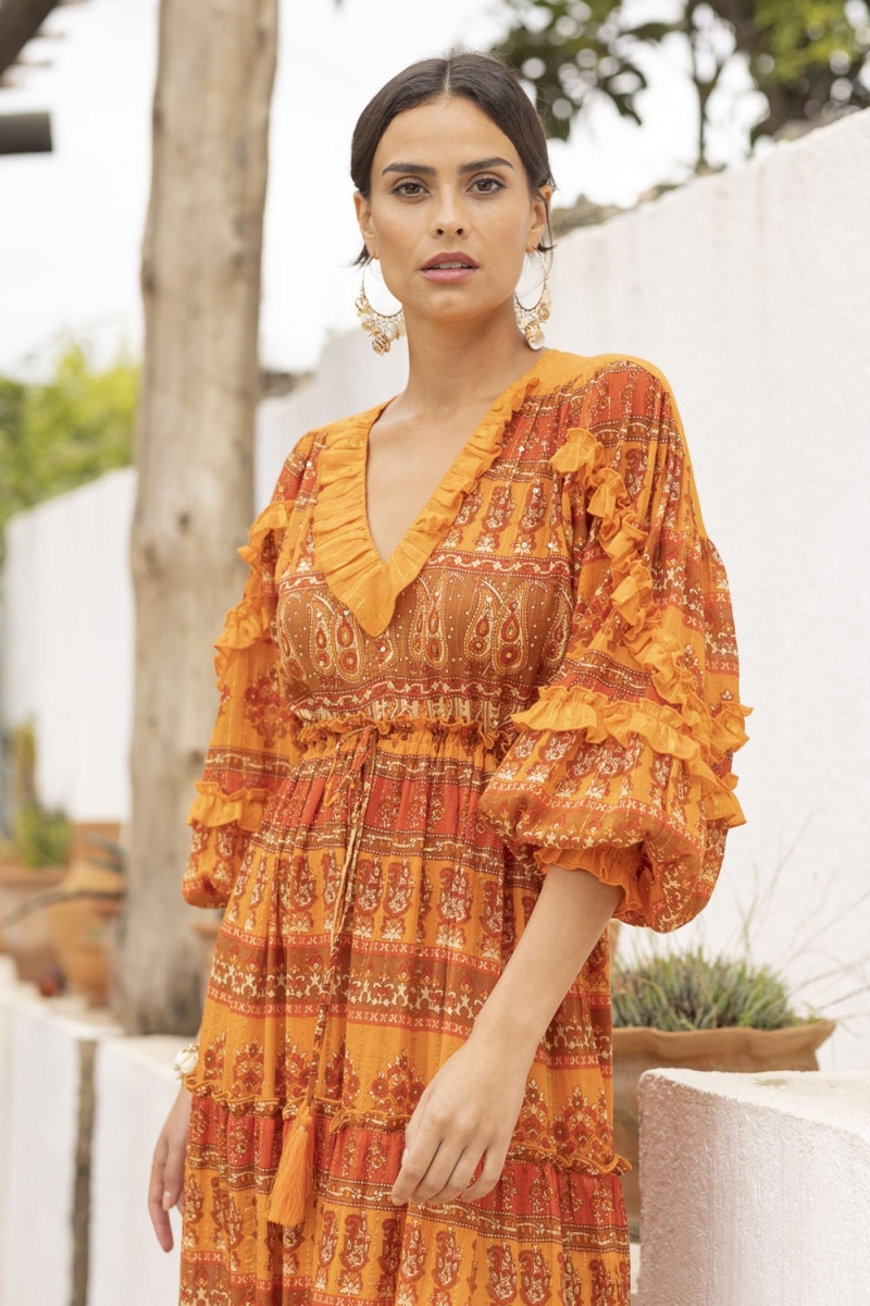 Vestido Largo Safran - Naranja - Detalles Dorados - Mangas Largas - Escote en V - Boho - Miss June Paris - 2