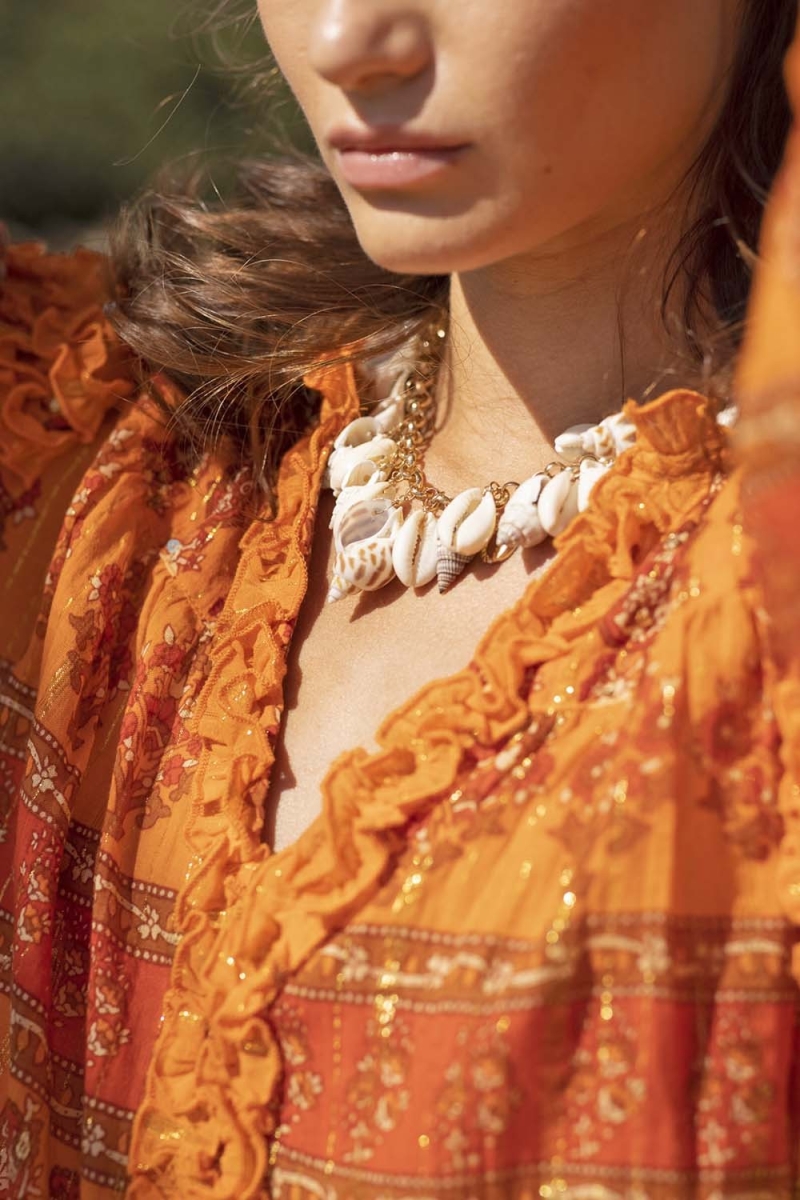 Glossy Blouse - Orange - Golden Lurex - Long Puffy Sleeves - Bohemian - Miss June Paris - 3