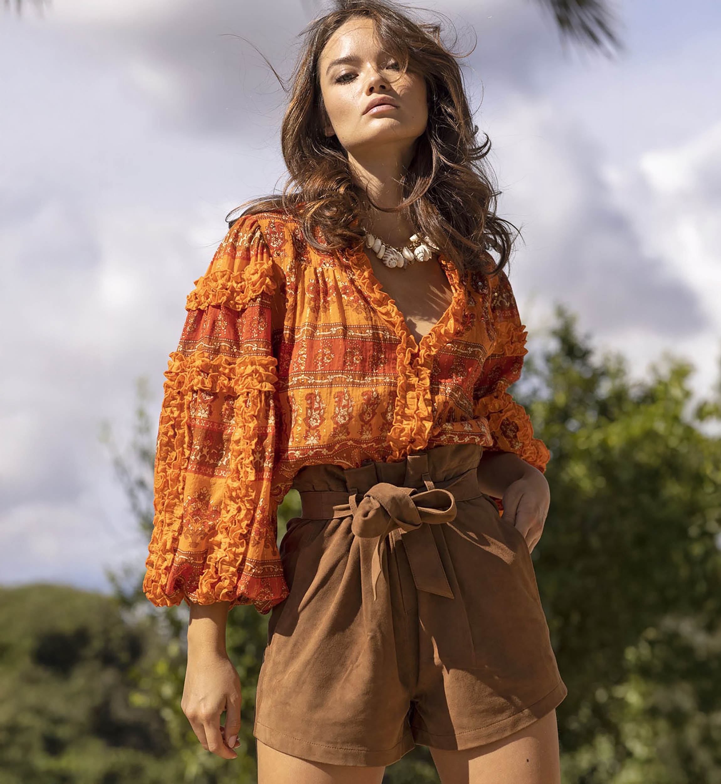 Glossy Blouse - Orange - Golden Lurex - Long Puffy Sleeves - Bohemian - Miss June Paris - 1