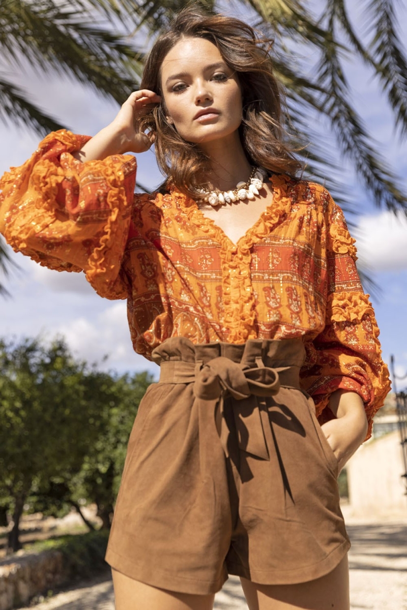 Blusa Glossy - Naranja - Lurex Dorado - Mangas Largas Abullonadas - Bohemio - Miss June Paris - 2